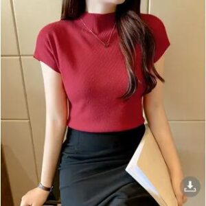 Short-Sleeve High Neck Plain Knit Top Wine Red 282410044