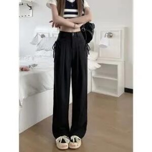 High Rise Plain Tie-Up Wide Leg Slacks Black 282410056