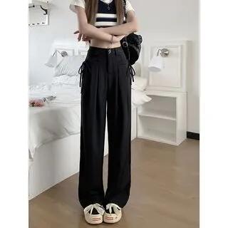 High Rise Plain Tie-Up Wide Leg Slacks Black by Shinsei