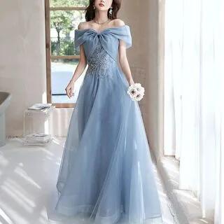 Short-Sleeve Off Shoulder Sequin Beaded Mesh A-Line Evening Gown / Midi Cocktail Dress A-Line Evening Gown - Blue by MSSBridal