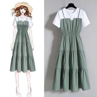 Short-Sleeve Crew Neck Mock Two-Piece Tiered Midi A-Line Dress Green by Hevnir