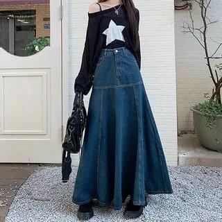 High Rise Washed Denim Maxi A-Line Skirt Vintage Blue by Denimot