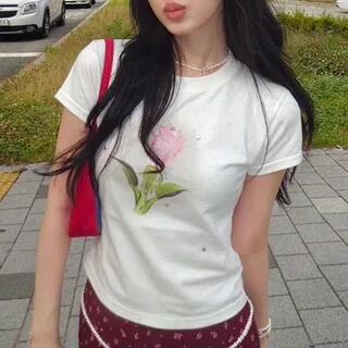 Short Sleeve Flower Print Crop T-Shirt White by Sosana