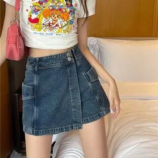 High Waist Washed Denim Skort Blue by monroll