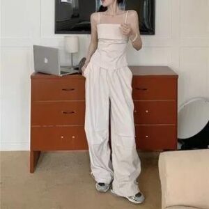 Plain Camisole Top / Mid Rise Plain Baggy Pants Pants - White 282410209