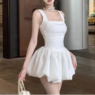 Balletcore Sleeveless Square Neck Plain Mini A-Line Dress Off-White by Magma