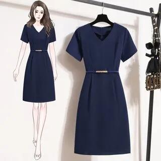 Short-Sleeve V-Neck Plain Midi A-Line Dress with Belt Navy Blue by Omibayo