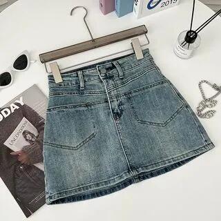 Mid Waist Mini A-Line Denim Skort Blue by DIYI