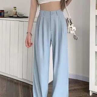 High-Rise Plain Straight Leg Dress Pants Blue by Duwnie