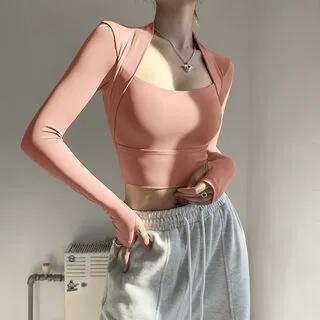 Long-Sleeve Square Neck Plain Sports Top Orange Pink by Faiar