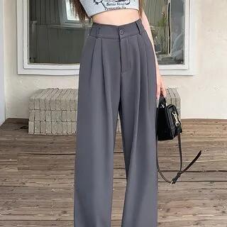 High-Rise Plain Straight Leg Dress Pants Gray by Duwnie