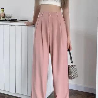 High-Rise Plain Straight Leg Dress Pants Pink by Duwnie