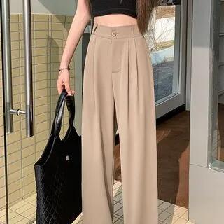 High-Rise Plain Straight Leg Dress Pants Khaki by Duwnie