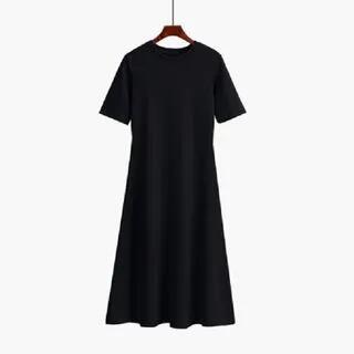 Short-Sleeve Crew Neck Plain Midi A-Line Dress Black by Cloud Nine
