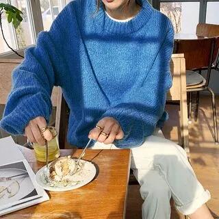 Long-Sleeve Round Neck Plain Sweater Sapphire Blue by MIKIGA