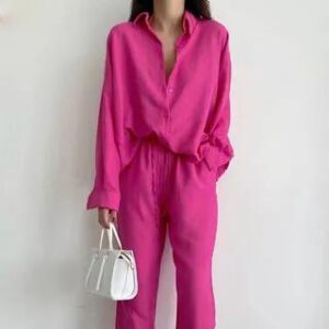 Set: Long-Sleeve Collared Plain Shirt + Drawstring Waist Harem Pants Set of 2 - Shirt & Pants - Rose Pink 282415178