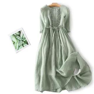 Elbow-Sleeve Crew Neck Plain Midi A-Line Dress Green by Lewwe
