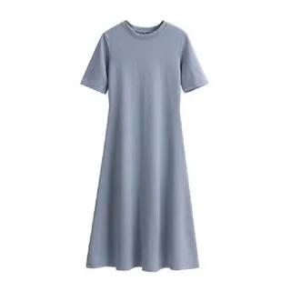 Short-Sleeve Crew Neck Plain Midi A-Line Dress Blue by Cloud Nine