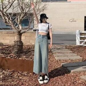 High Waist Slit Denim Midi A-Line Skirt Blue 282415208