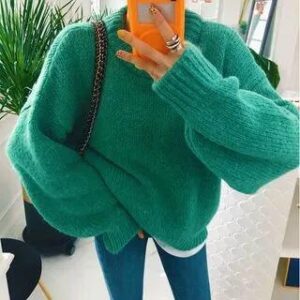 Long-Sleeve Round Neck Plain Sweater Bright Green 282415210