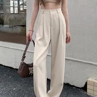 High-Rise Plain Straight Leg Dress Pants Almond by Duwnie