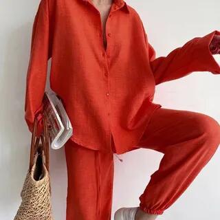 Set: Long-Sleeve Collared Plain Shirt + Drawstring Waist Harem Pants Set of 2 - Shirt & Pants - Dark Orange by Bolgivy