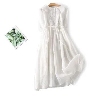 Elbow-Sleeve Crew Neck Plain Midi A-Line Dress White by Lewwe
