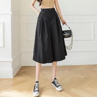 [XL] High Waist Plain Crop Wide Leg Pants Black by Secolo