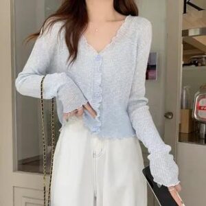 Plain Lettuce Edge Cardigan Blue 282415319