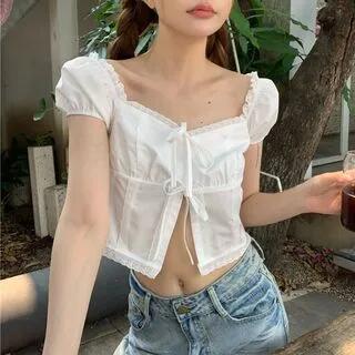 Puff-Sleeve Eyelet Lace Slim-Fit Cropped Top White by Alfie