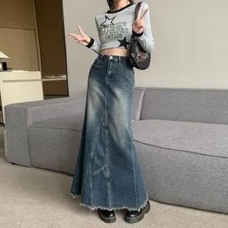 High Waist Washed Fray Maxi Mermaid Denim Skirt Blue by Wildfoea
