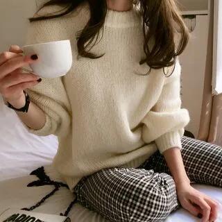Long-Sleeve Round Neck Plain Sweater White by MIKIGA