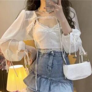 Lace Panel Cropped Camisole Top / Tie-Strap Top Shrug - White 282422498