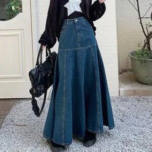High Rise Washed Denim Maxi A-Line Skirt Blue 282422526