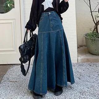 High Rise Washed Denim Maxi A-Line Skirt Blue by Duwnie