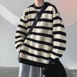 Crewneck Striped Ribbed Loose-Fit Sweater Black 282422530