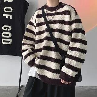 Crewneck Striped Ribbed Loose-Fit Sweater Brown by DuckleBeam