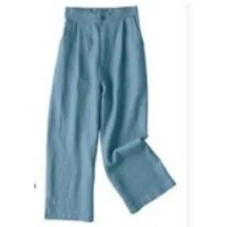 Elastic Waist Plain Linen Crop Wide Leg Pants Grey Blue by INEN