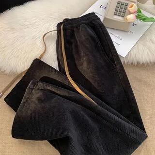 Drawstring Fleece-Lined Corduroy Wide-Leg Pants Padded - Black by Cloud Nine