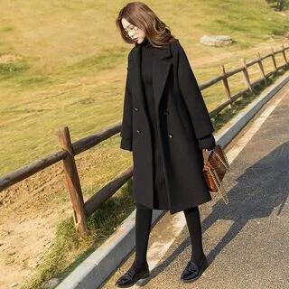 Notch Lapel Plain Midi Double Breasted Coat Black by INEN