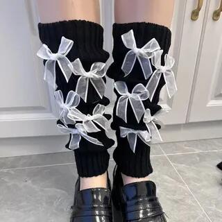 Bow Knit Leg Warmers Mesh Bow - Black by Gentiana