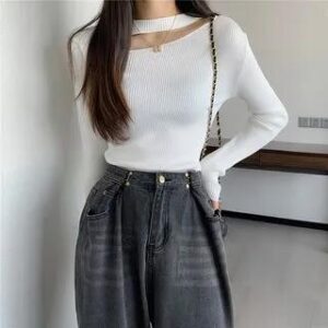 Long-Sleeve Crew Neck Plain Cutout Ribbed Knit Top White 282422641