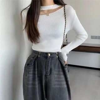 Long-Sleeve Crew Neck Plain Cutout Ribbed Knit Top White by Mikiko