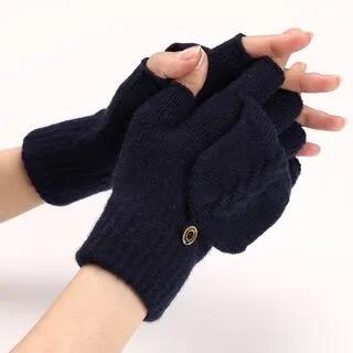 Plain Convertible Knit Mittens Dark Blue by Kinoxslone