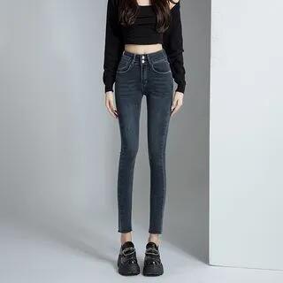 High Waist Washed Skinny Jeans Grayish Blue by Denimot