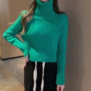 Long-Sleeve Turtleneck Plain Ribbed Sweater Green 282422663