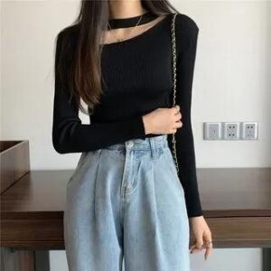 Long-Sleeve Crew Neck Plain Cutout Ribbed Knit Top Black 282422667