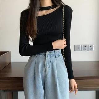 Long-Sleeve Crew Neck Plain Cutout Ribbed Knit Top Black by Mikiko