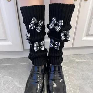 Bow Knit Leg Warmers Plaid Bow - Black by Gentiana