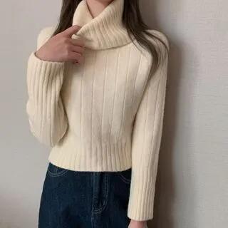 Long-Sleeve Turtleneck Plain Ribbed Sweater Almond by Shinsei
